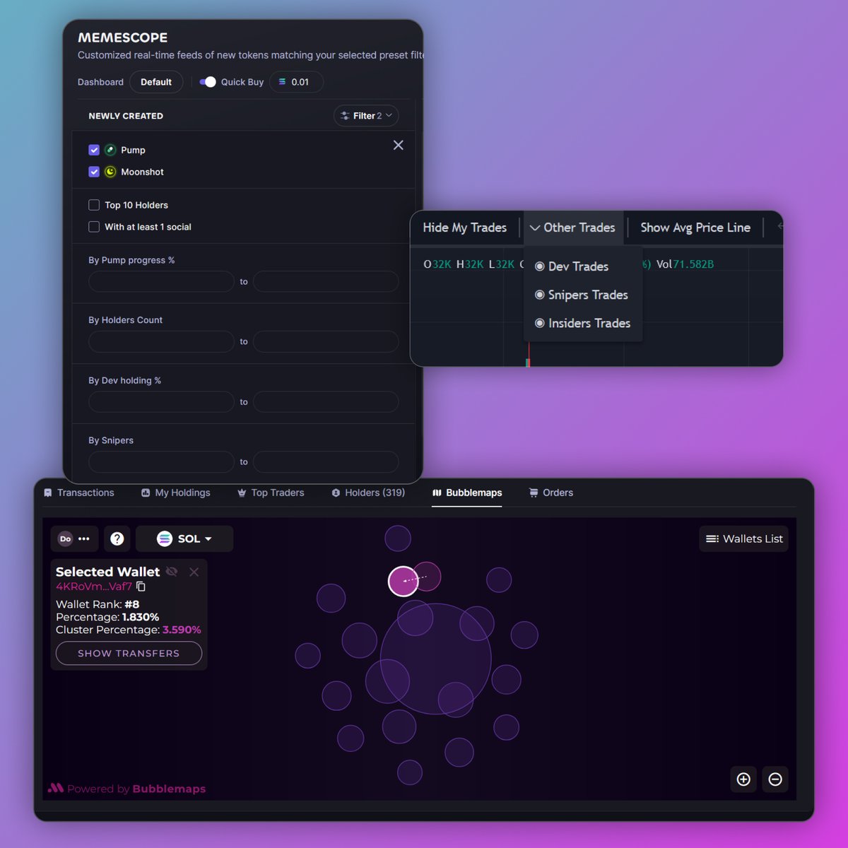 tradewithPhoton's tweet photo. FEATURE UPDATES – Snipers/insider txns + Bubblemaps

1⃣Spot dev/insiders/snipers transactions right on the chart.

2⃣@bubblemaps integration – our engineers have been working closely with the Bubblemaps team to bring you EVEN MORE data to visualize wallet relationships and better understand token distribution.
 
Find connections between wallets while monitoring the chart at the same time – all on Photon🫡