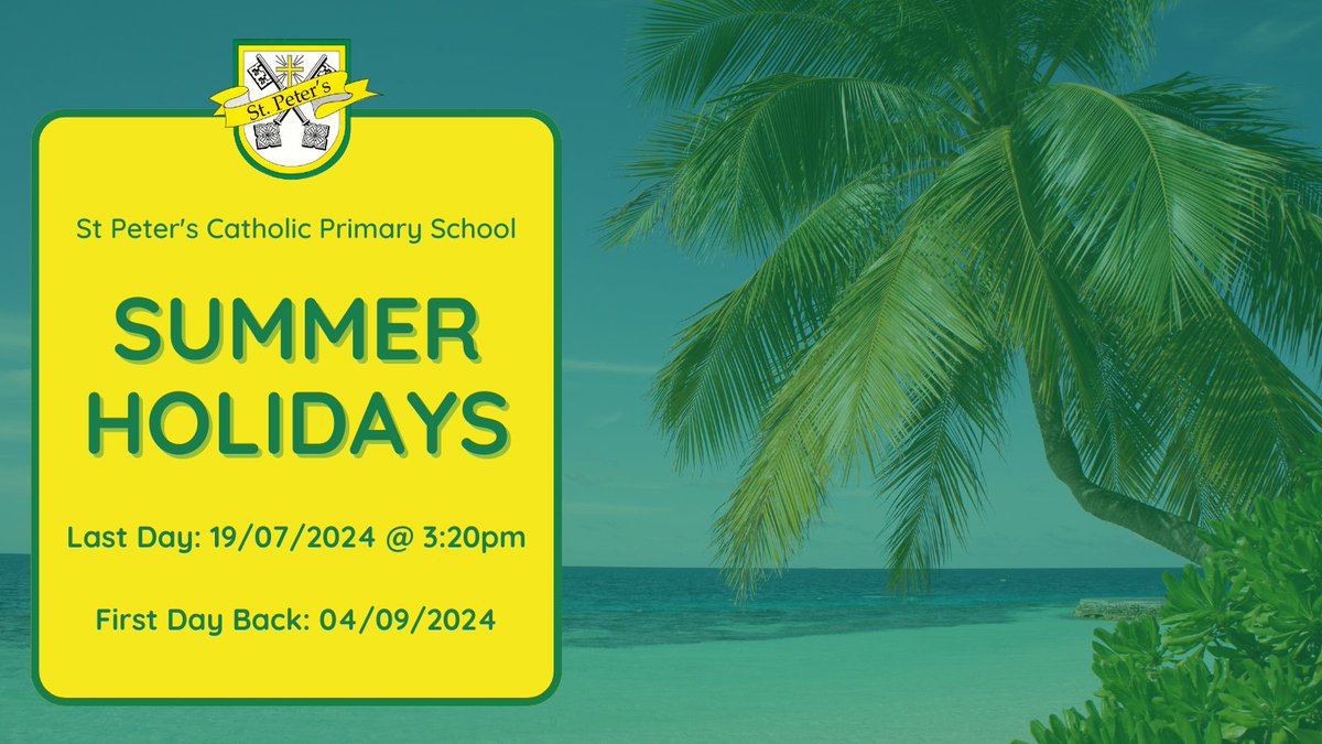 As a reminder, tomorrow (Friday 19th July) is the last day of school before we break up for the summer holidays! ☀️ We hope everyone will have a fantastic fun holiday 💚
 
The first day back is Wednesday 4th September and we're looking forward to hearing about what you got up to!