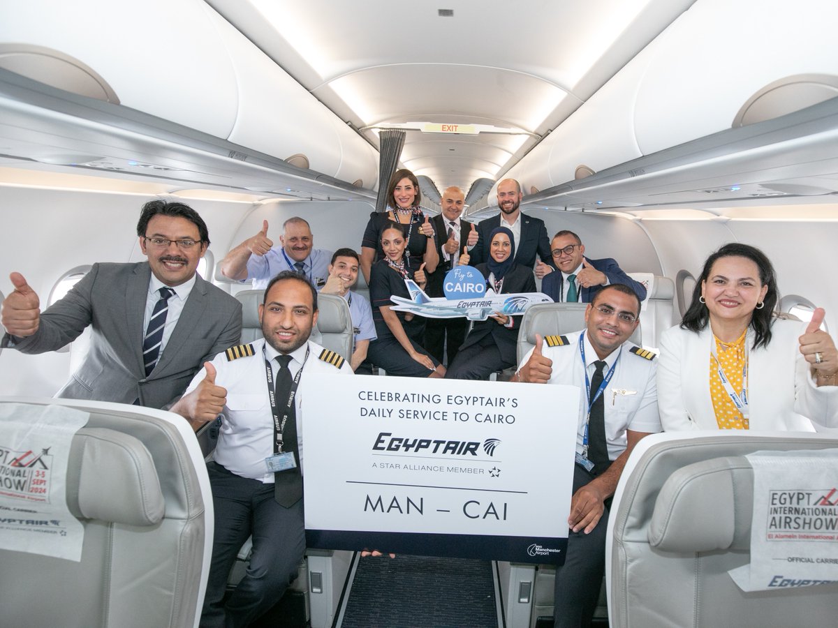 manairport's tweet photo. Celebrating 1 Year of @EGYPTAIR at Manchester Airport! ✈️🎉

Join us as we mark a year of connecting Manchester to the vibrant city of Cairo with daily direct flights. 

To celebrate, passengers were treated to chocolates, notepads, and tote bags. 💙 
#EgyptAir https://t.co/JlRaHIPijB