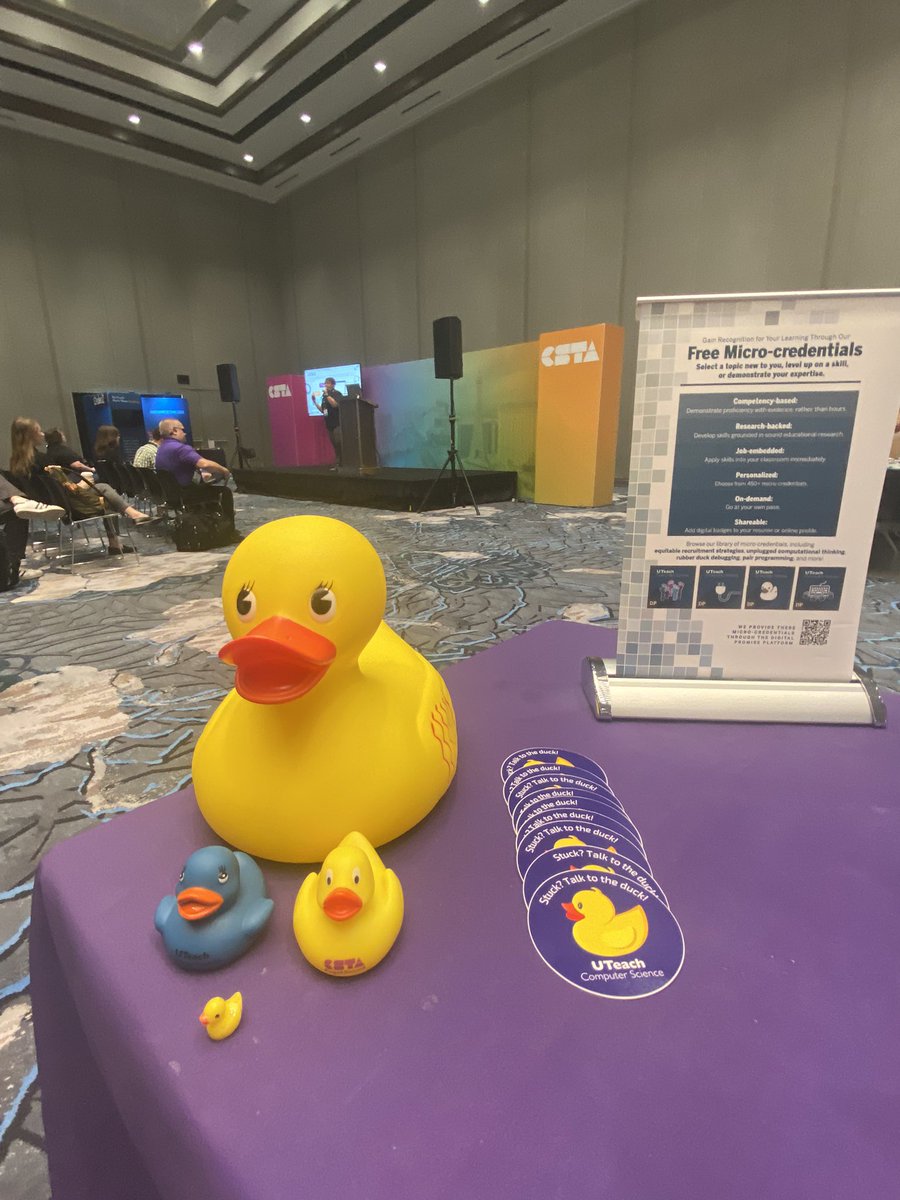UTeachCS's tweet image. Morning Java &amp;amp; Flash Talks happening now at #CSTA2024!

Grab a coffee then stop by the #UTeachCS booth to grab a rubber duck &amp;amp; learn about our free CS #MicroCredentials for K12 educators!