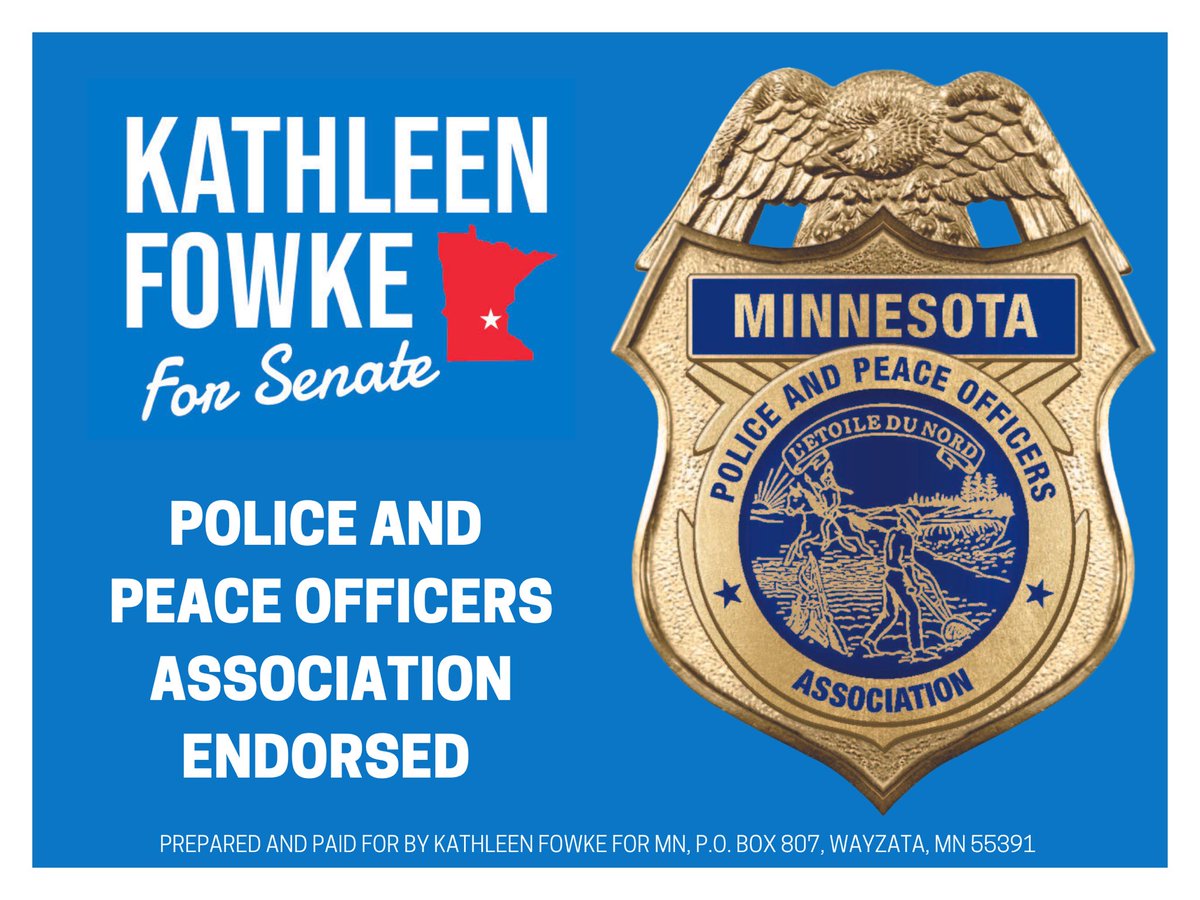 KathleenFowkeMN's tweet photo. I am so proud to have been endorsed by the Minnesota Police and Peace Officers Association. I fully support our brave men and women in uniform and am thankful for their service every day.
#mnleg #fowkeforsenate #mppoa https://t.co/a0ZIhdo9yV