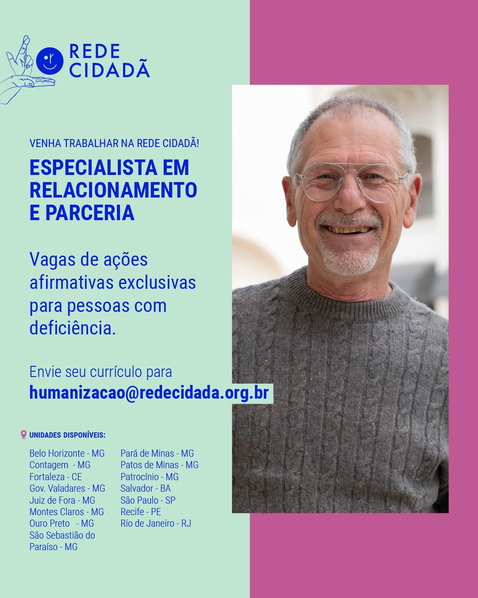 A Rede Cidadã está com vagas abertas para PCD! Envie seu currículo para humanizacao@redecidada.org.br e compartilhe essa oportunidade com seus amigos! #RedeCidadã #VagaPCD #Diversidade #Inclusão
