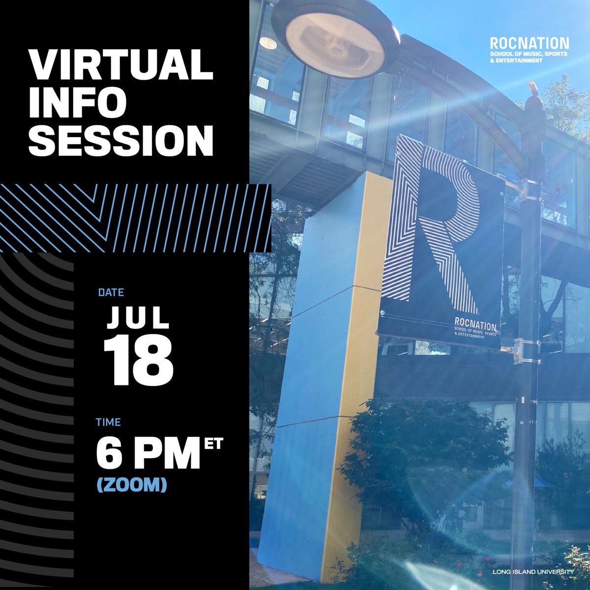 rocnationschool's tweet photo. Tap into your greatness! Join us tonight, July 18th, at 6 PM ET on Zoom for an exclusive Virtual Info Session. Explore how our undergraduate and master's programs can kickstart your career in music, sports, entertainment, and beyond.

Register now at https://t.co/DwsRo419sX #LIU #LIUBrooklyn #RocNationSchool