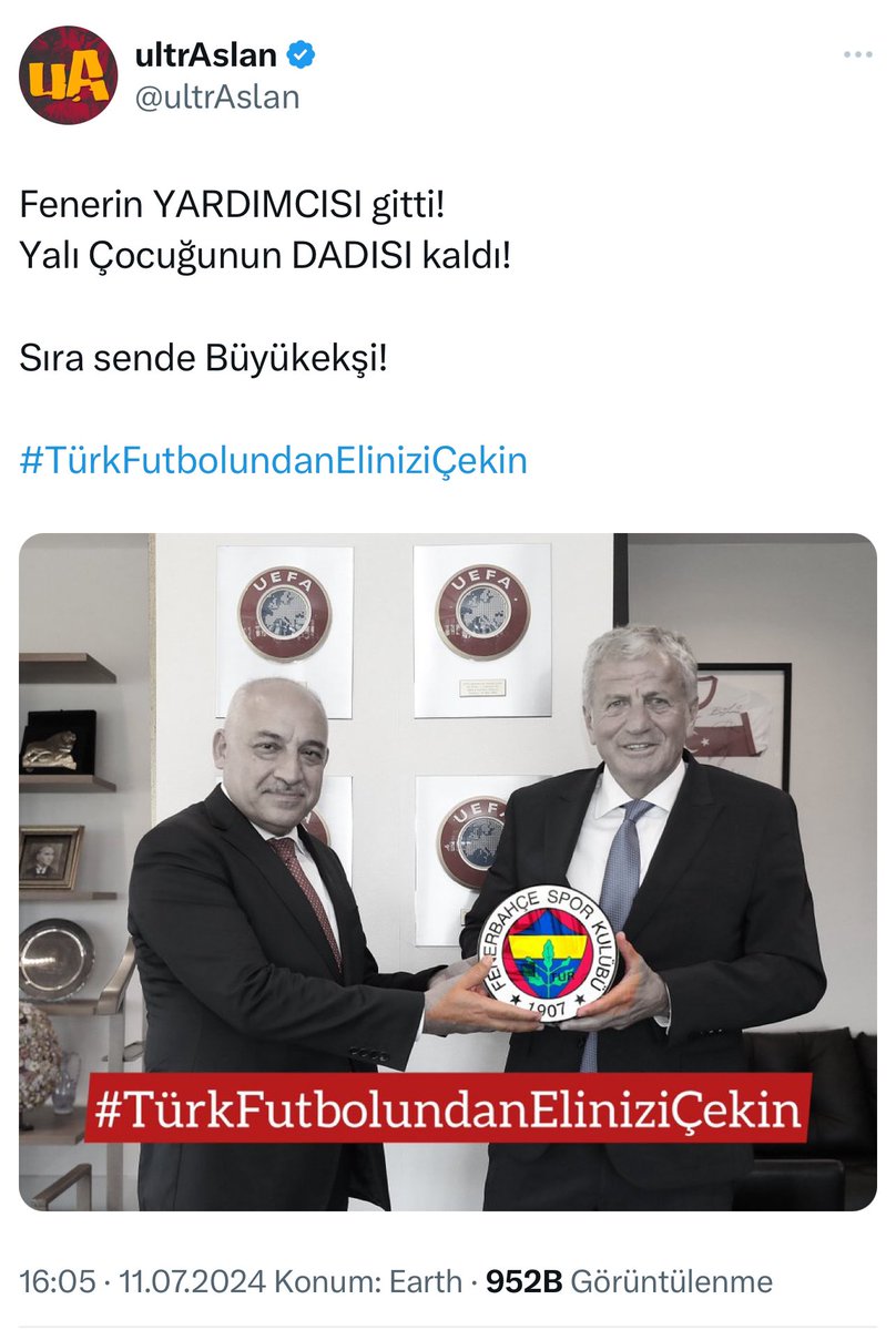 ultrAslan's tweet photo. “Fenerin YARDIMCISI gitti!
Yalı Çocuğunun DADISI kaldı!
Sıra sende Büyükekşi!”
Demiştik…

Servetiyle yapamadığını YARDIMCI SERVETİYLE yapacağını sananlar, perde arkasında Bylockçu DADISIYLA oynaşanlar YİNE KAYBETTİ!

Tüm kulüplere eşit mesafede, Türk futbolunda yıllardır yok olan ADALETİN yeniden tesis edilmesi umuduyla seçimin Türk futbol ailesine hayırlı olmasını dileriz.

#ultrAslan