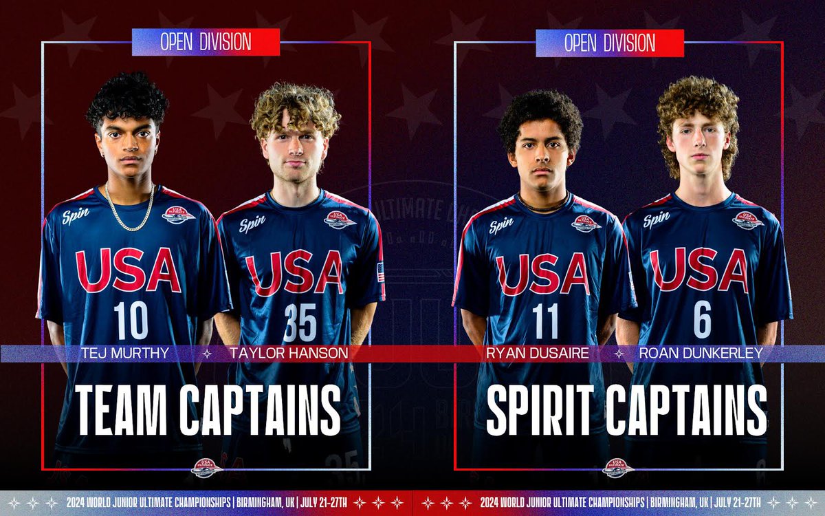 Introducing the Team USA Captains for the 2024 WFDF World Junior Ultimate Championships. Next up, it’s the open division! (2/3)

#USAUltimate | #PullForUS | #WJUC2024