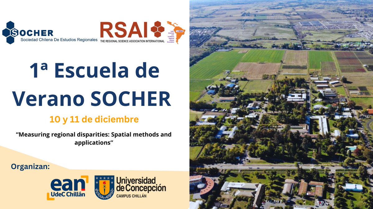 👉14º Encuentro #SOCHER2024 | 1ª Escuela de Verano #SOCHER2024 
📅 Del 10 al 13 de diciembre 2024 
📍En Universidad de Concepción Campus Chillán
🚨 Keynote speaker #SOCHER2024: Fernando Rubiera Morollón, PhD, Presidente de la Asociación Española de Ciencia Regional (AECR) #uniovi