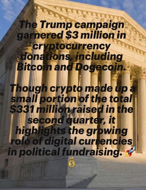 🚀 Trump campaign raised $3M in crypto, incl. Bitcoin &amp; Dogecoin, from $331M total in Q2. Highlights growing role of digital currencies in politics! 💰✨ #Crypto #Bitcoin #Dogecoin #Fundraising