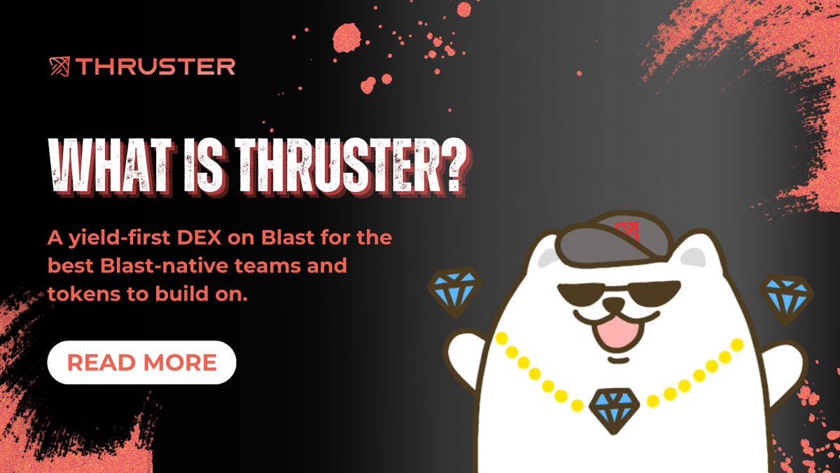 0xStacy1's tweet image. What is Thruster? 🚀

@ThrusterFi is a yield-first DEX on Blast, supporting top Blast-native teams and tokens. Integrated with major protocols and liquidity providers, Thruster enhances yield capture for LPs. 

#Thruster #Blast #DeFi