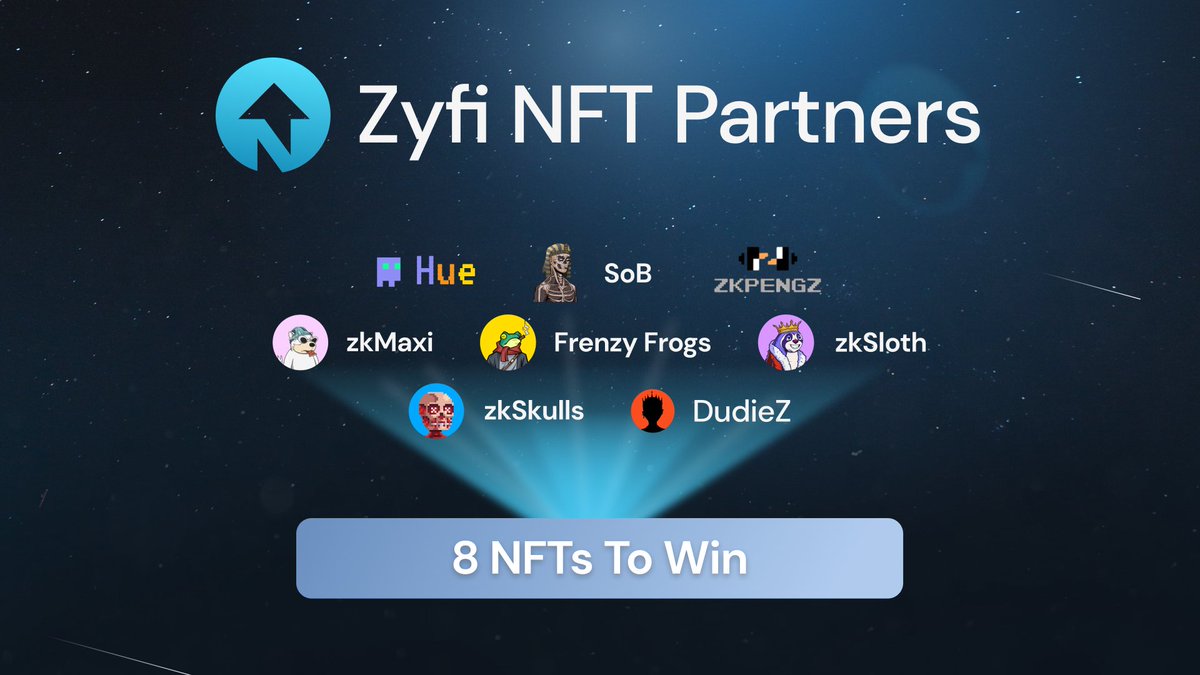 Zyfi_org's tweet photo. NFT Partners Giveaway! 🚀

Win 1 of 8 NFTs:
✅ RT &amp; Like this tweet
✅ Tag 2 friends

Our gas-free swap partners:
@hue_nfts / @zkPengz / @dudiesnft / @sobnfts / @zksloth / @zkmaxii / @zk_skulls / @frenzy_frogs_

Winners drawn in 48 hours 🍀 Good luck! https://t.co/vTzGgXCG02