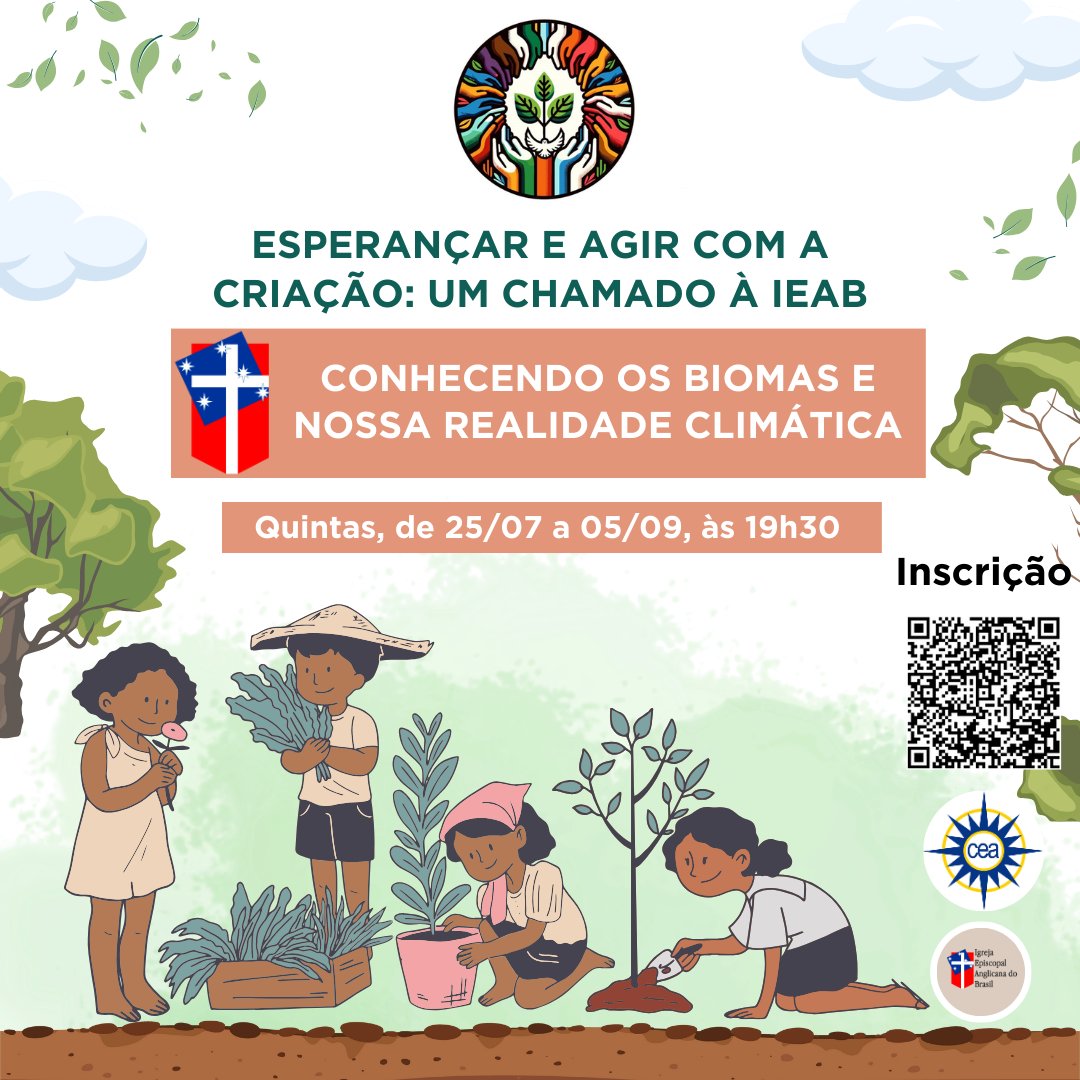 O Centro de Estudos Anglicanos (CEA) e o GT Justiça #Ambiental estão promovendo uma série de lives formativas e informativas focadas nos #biomas brasileiros. Para participar, basta se inscrever através deste link: tinyurl.com/ieabcriacao 🌳✝