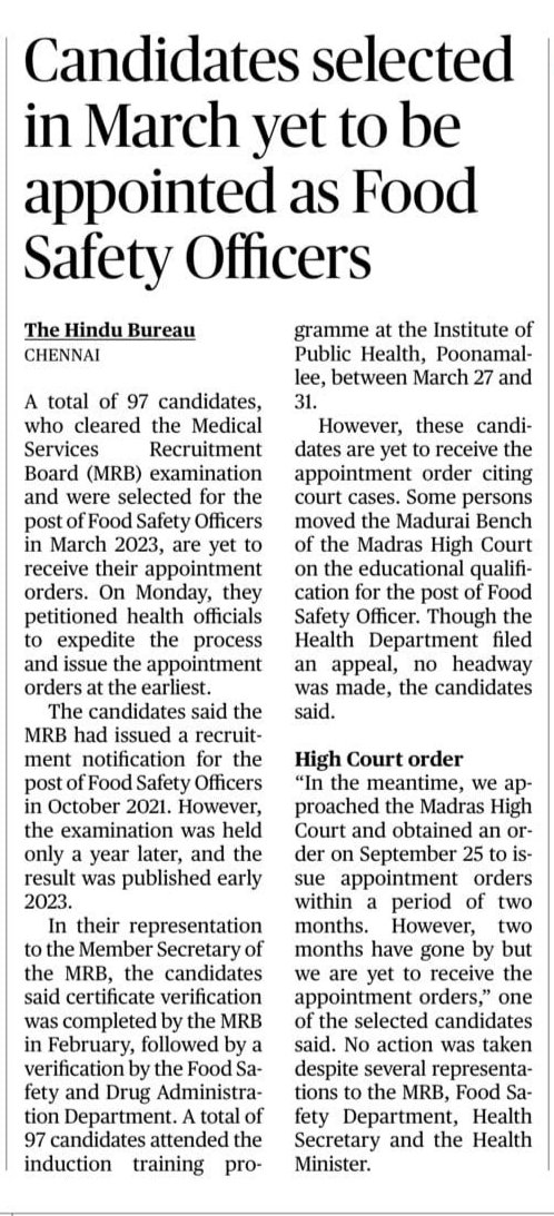 suryasuryaya12's tweet photo. Candidates selected in March 2023, yet to be appointed as Food Safety Officers.A total of 97 candidates, who cleared the Medical Services Recruitment Board examination and were selected for the post of Food Safety officers.@fssaiindia @Subramanian_ma @mkstalin @supriyasahuias https://t.co/laJDwKszXw