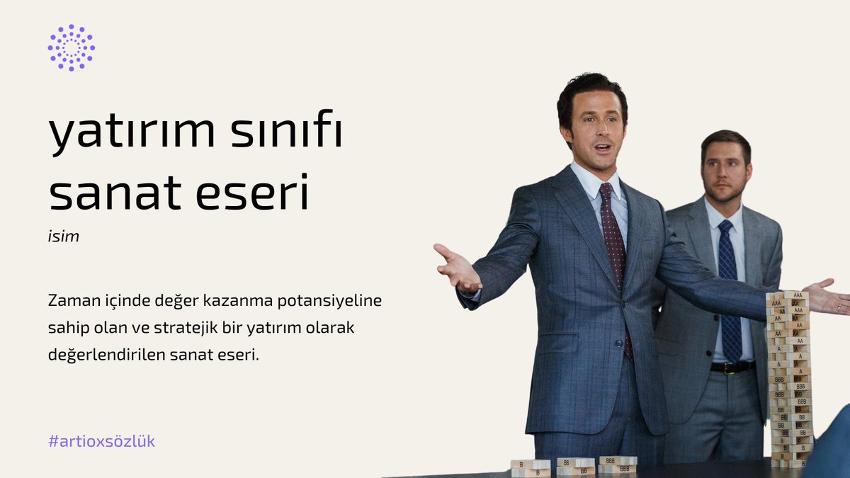 artiox_official's tweet photo. #artioxsözlük

yatırım sınıfı sanat eseri

1. isim Zaman içinde değer kazanma potansiyeline sahip olan ve stratejik bir yatırım olarak değerlendirilen sanat eseri. Kişisel zevkten öte, estetik değerinin yanı sıra kalıcı değer gösteren somut faktörlere odaklanır. Bir sanat eserinin yatırım düzeyinde olup olmadığını belirlemek için, sanatçının tarihi satışlarını kontrol edilerek yatırımcıları için olumlu bir yatırım getirisi (ROI) sağlayıp sağlamadığı tespit edilir.

"Artiox ile ister hisse senedi alıp satar gibi yatırım sınıfı sanat eserlerine ortak olabilir, istersen de müzayedeye katılarak müthiş eserlere sahip olabilirsin.”