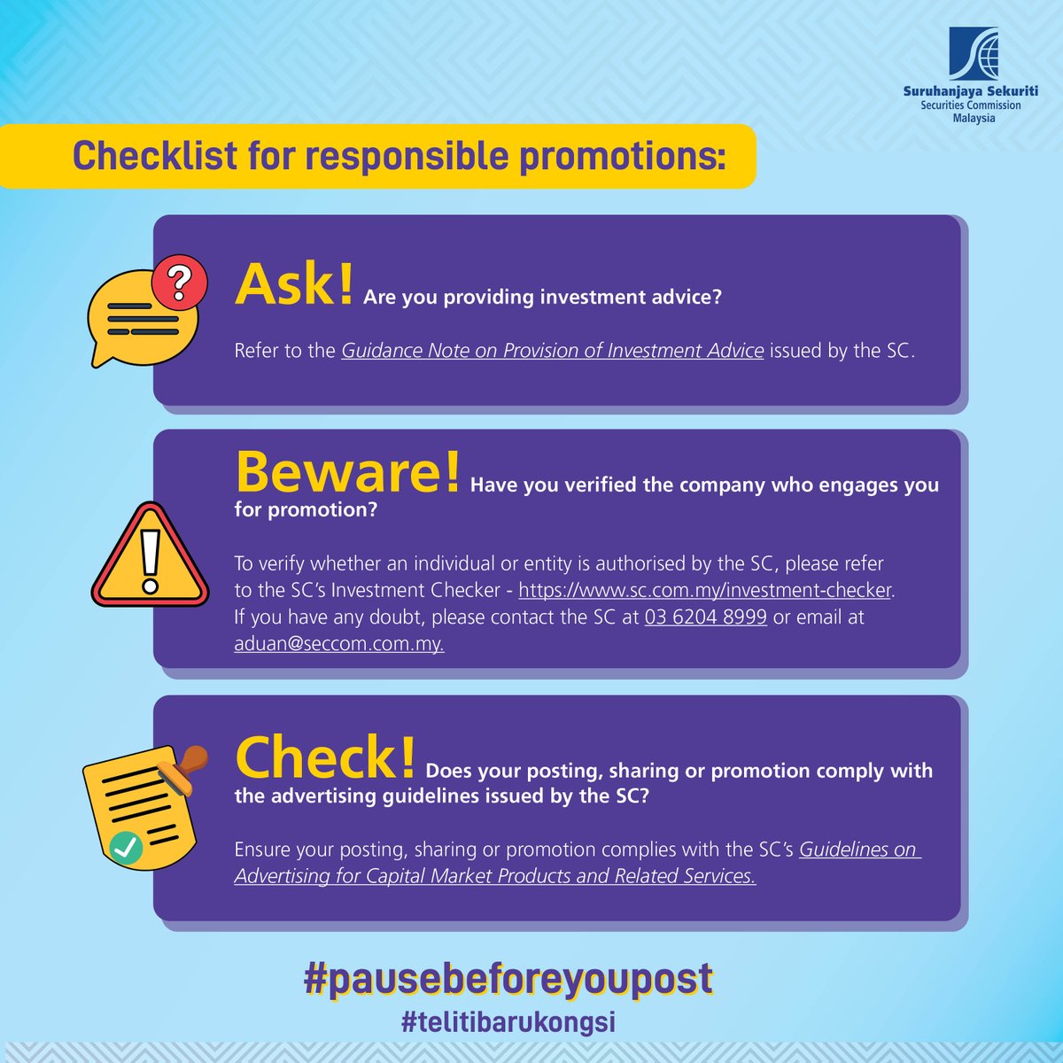 🚨 Thinking of sharing an investment opportunity on social media? HOLD ON! #pausebeforeyoupost ! 

📄 Download the infographic: bit.ly/3LtIp0I
📰 Read the full media release: bit.ly/3yae8kg