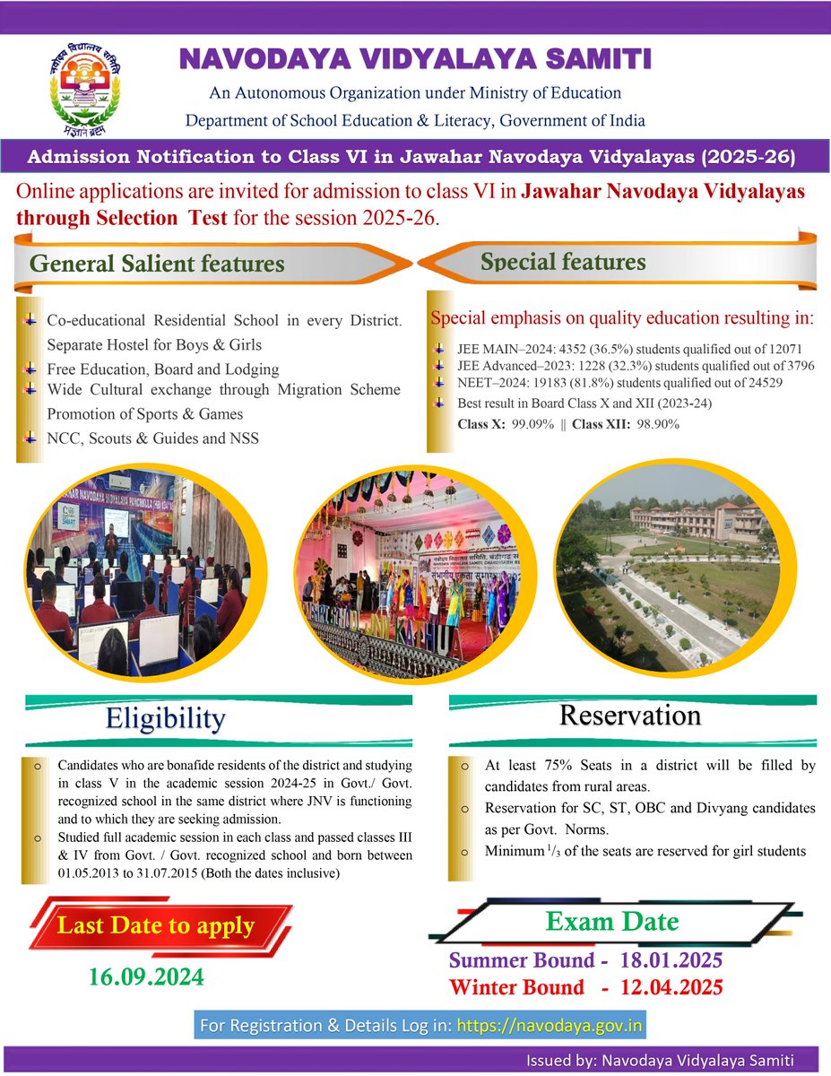 NVS_HQ's tweet photo. 📢 Admission Notification to Class-VI in Jawahar Navodaya Vidyalayas through Selection Test for Session 2025-26.

🗓️ Last Date to Apply - 16.09.2024

✍️ Exam Date - 18.01.2025 (Summer Bound) &amp; 12.04.2025 (Winter Bound)
 
💻 Register Now - https://t.co/SpLxnA7xbW

#JNVST2025 #NVS https://t.co/swsF5Xve87