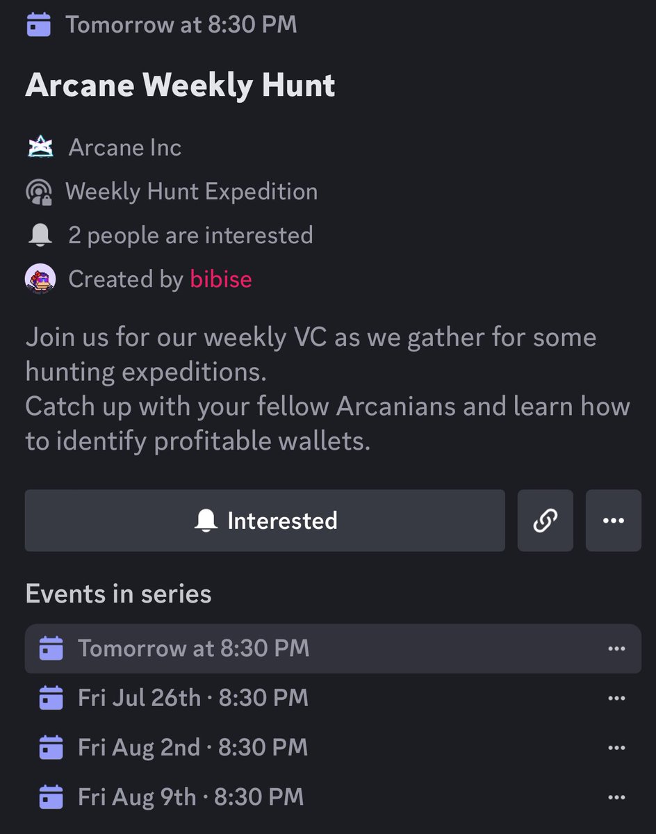 We're excited to announce the start of our weekly Arcane Wallet Hunt. This weekly voice chat is the perfect place for us to gather and hunt wallets together. 

WHEN: Tommorow
WHERE: discord.gg/arcaneinc

The VC will feature a short presentation about the ins and outs of wallet