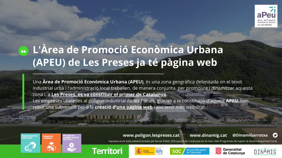 DinamiGarrotxa's tweet photo. #Territori |🌱L'Àrea de Promoció Econòmica Urbana (APEU) de Les Preses ja té pàgina web: https://t.co/91w7HDFH8D!
➡️Visita https://t.co/8dx8ziJ9tY i descobreix-ne tots els detalls
#APEU #LesPreses #industria #empresa #teixitindustrial #promocioeconomica https://t.co/QeJSrV4gUQ