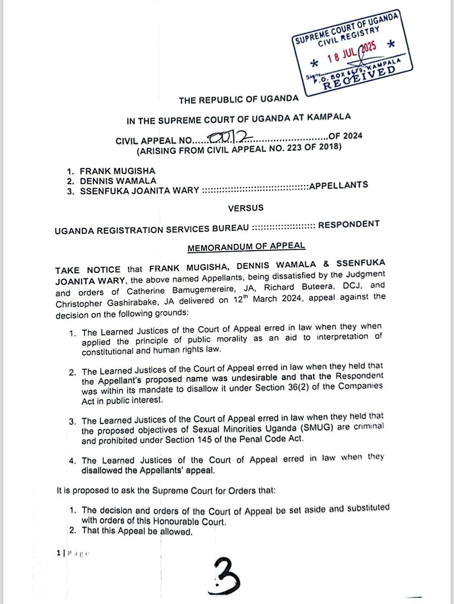 Today, we filed a case at the Supreme Court of Uganda to challenge the decision by the Court of Appeal rejecting the registration of Sexual Minorities Uganda🏳️‍🌈🇺🇬.