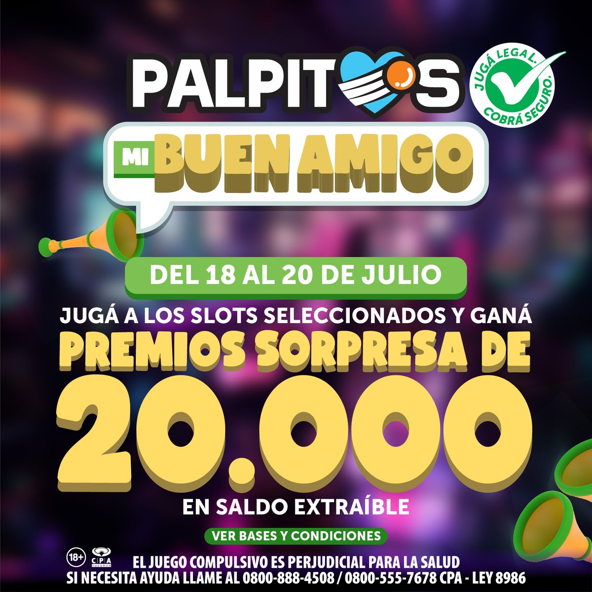 Palpitosok's tweet photo. 🎰 ¡Promo #PálpitosMiBuenAmigo! 💚 Hasta el sábado 20 de julio, jugá a los slots seleccionados y ganá alguno de los 75 premios sorpresa ⚖️ Bases y condiciones ➡️ https://t.co/dBCeudbU2y https://t.co/ew1H2iA3Rm