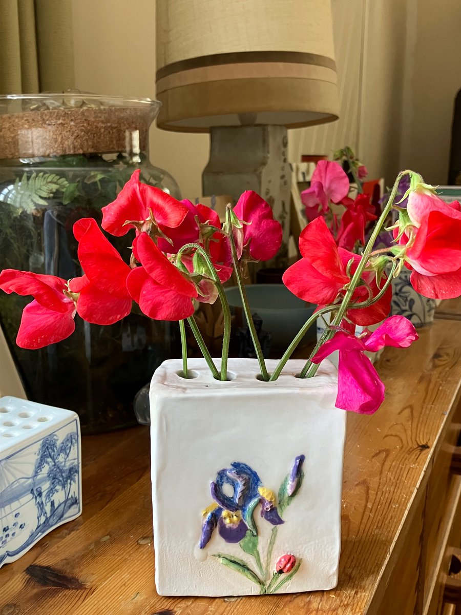 Home-grown sweet peas in home-made flower brick 💐🌺