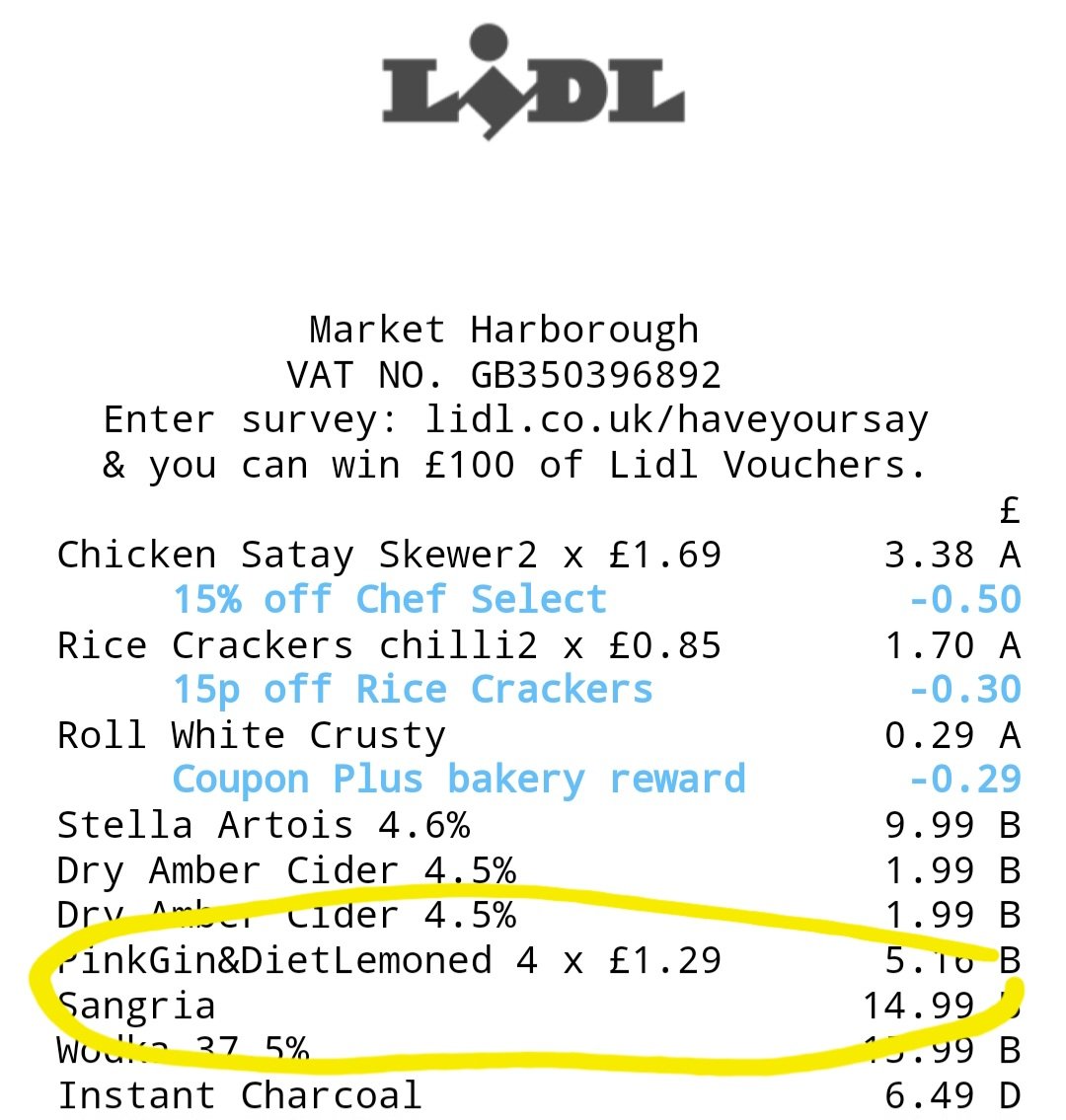 AliCheyney's tweet photo. @LidlGB my joy at finding your sangria in a box was squashed when I read the receipt 🤣 i know I should have checked the shelf price but I find it a bit difficult sometimes the way the shelves are stacked https://t.co/84zMvtLQ4P
