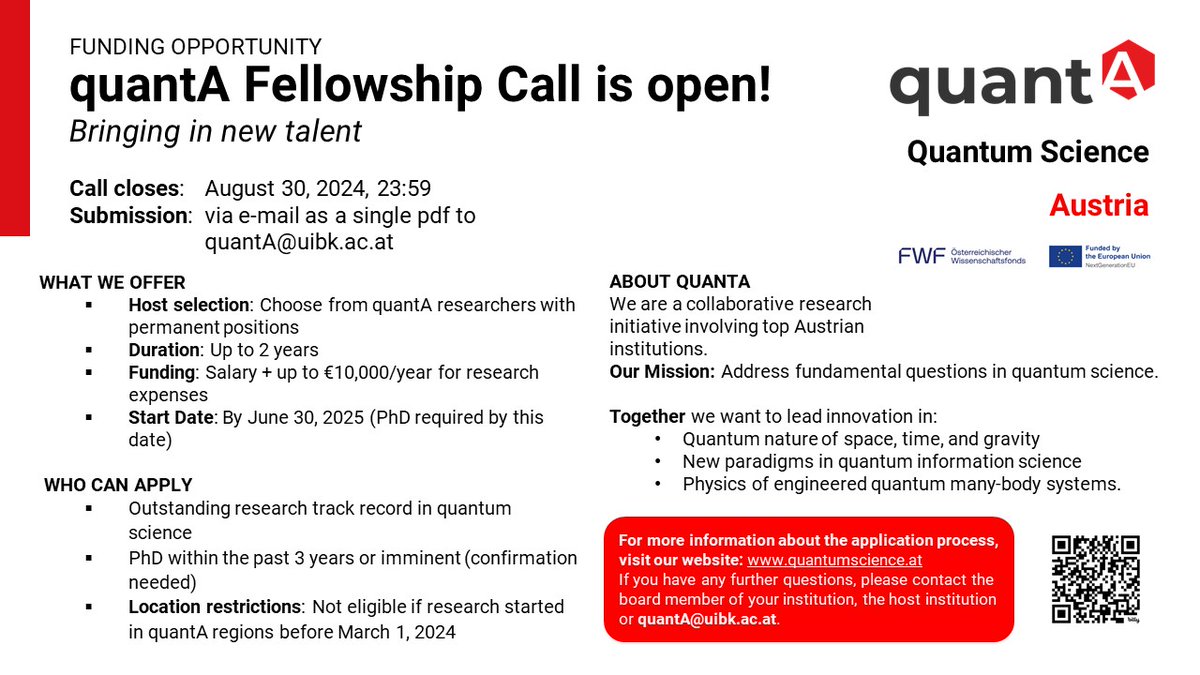 You want to address fundamental questions in #𝗾𝘂𝗮𝗻𝘁𝘂𝗺 sciences? Join the 𝗤𝘂𝗮𝗻𝘁𝗔 𝘁𝗲𝗮𝗺 in #Austria! 

👉 Fellow-Program (closes Aug 30): quantumscience.at/projects/quant…

👉 PhD-Call (closes August 26): vcq.quantum.at/application/

More on QuantA: quantumscience.at