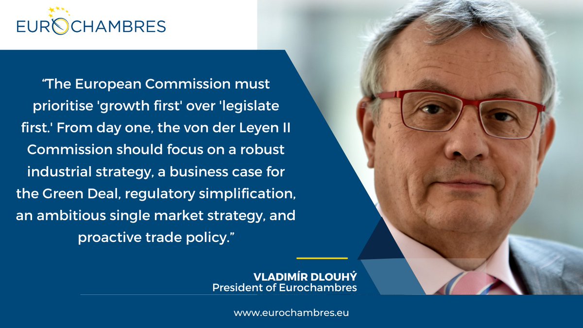 Eurochambres (@eurochambres) on Twitter photo Reacting to her re-election by the <a href="/Europarl_EN/">European Parliament</a> as President of the <a href="/EU_Commission/">European Commission</a>, our President <a href="/VladimirDlouhy/">Vladimír Dlouhý</a> challenged <a href="/vonderleyen/">Ursula von der Leyen</a> to ensure a stronger focus on the needs of #businesses, especially #SMEs, throughout the 2024-2029 EU policy term: Reacting to her re-election by the <a href="/Europarl_EN/">European Parliament</a> as President of the <a href="/EU_Commission/">European Commission</a>, our President <a href="/VladimirDlouhy/">Vladimír Dlouhý</a> challenged <a href="/vonderleyen/">Ursula von der Leyen</a> to ensure a stronger focus on the needs of #businesses, especially #SMEs, throughout the 2024-2029 EU policy term:
