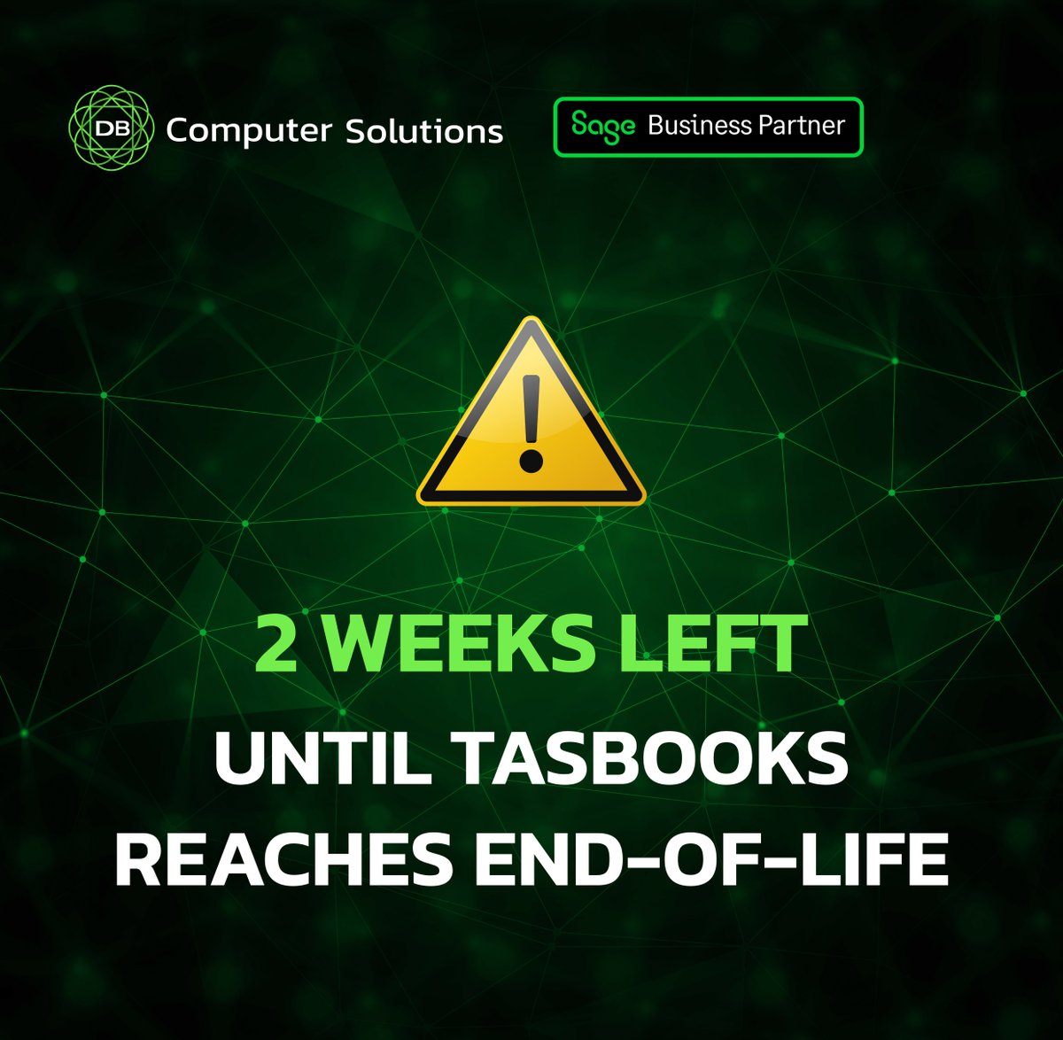 DB_Comp's tweet image. ONLY 2 WEEKS LEFT UNTIL #TASBOOKS REACHES END-OF-LIFE!
Join the growing number of businesses making the switch from TASBooks to #Sage50.
Ready to transition? Visit our website for comprehensive resources to ensure a smooth switch: dbcomp.ie/sage-50/
#DBComputerSolutions