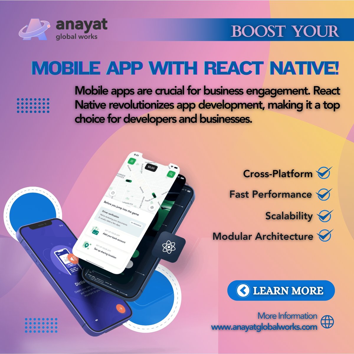 anayatglobal's tweet image. 📲#Mobile #apps are crucial for business engagement. React Native revolutionizes app development, making it a top choice for developers and businesses.
#Cross_Platform
#Fast_Performance
#Scalability
#Modular_Architecture

#MobileAppDevelopment #appdevelopment #anayatglobalworks