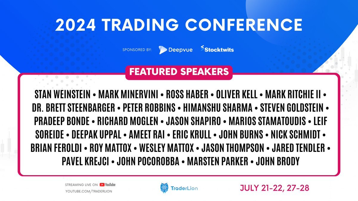 The Annual TraderLion Trading Conference is back, bigger and better than ever! 🎉

🗓️Join us on July 20-21 &amp; July 27-28 for expert insights from legendary traders like Stan Weinstein, Mark Minervini, and Ross Haber. 

Full list &amp; details:
traderlion.com/conference