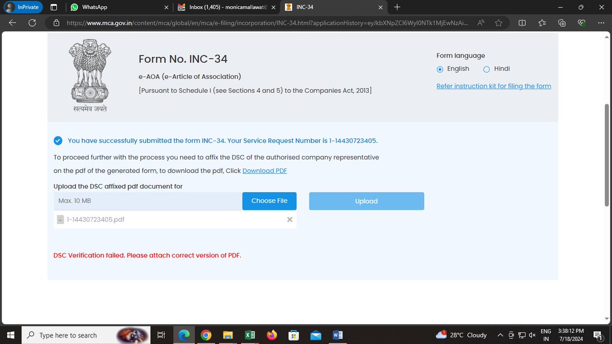 Monica03419580's tweet photo. Tried all browsers and clearing history as well still getting this error while filling INC-34 kindly look into this asap and resolve the issues ...as it's technical issue and SRN AA8862130 validity is only valid till 20th July 2024 @MCA21India @FinMinIndia @HelpdeskMCA21V3 https://t.co/6zLhbuK28R