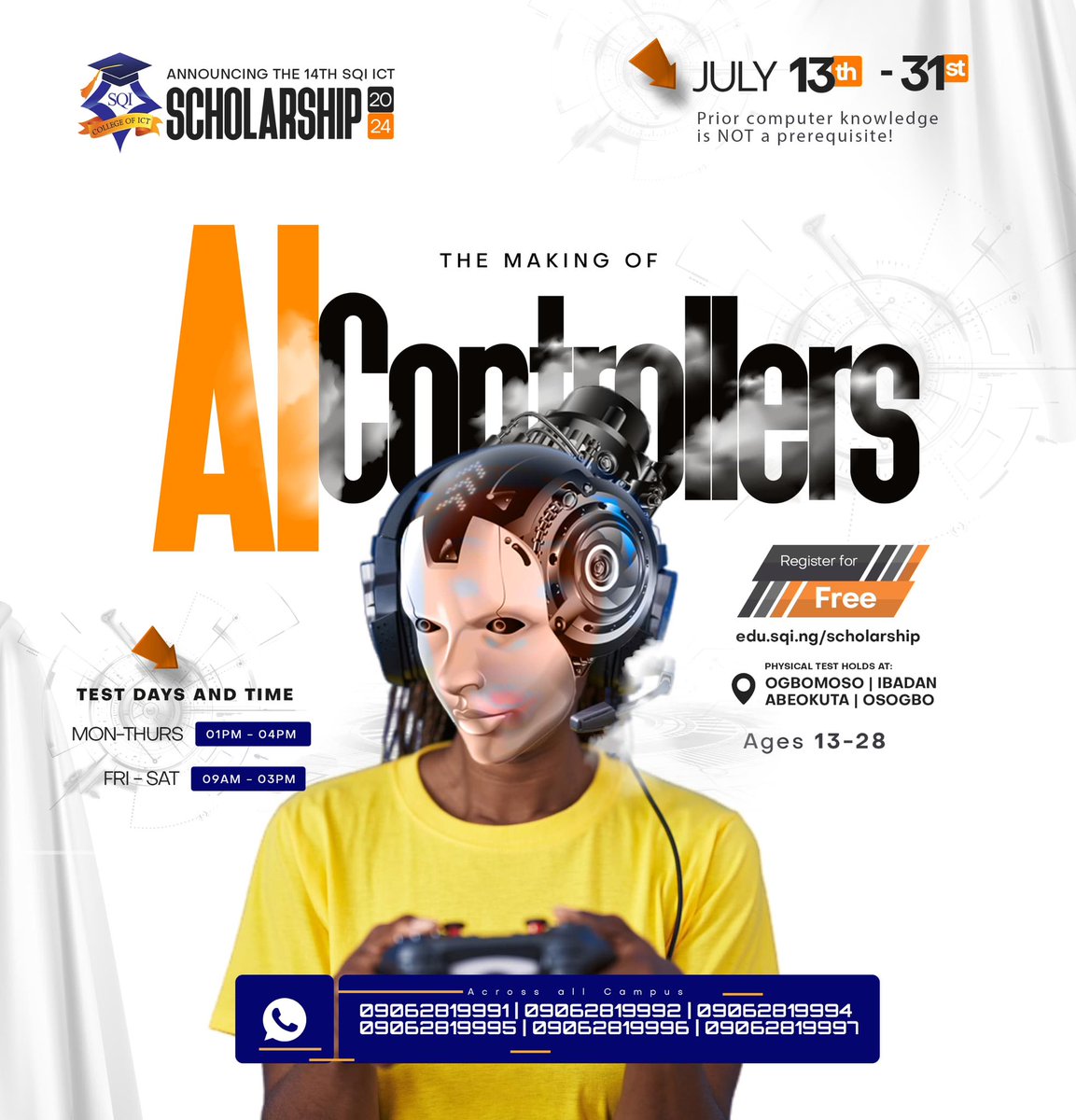 sqicict's tweet photo. Experience the power of Human + Machine.

We are here to share our knowledge and help you discover what's next in AI-powered innovation.

The scholarship test continues today across all our physical campuses.

Start here: https://t.co/HFntLbEIAH

#sqi #AI #ArtificialIntelligence https://t.co/YUeykfvyns