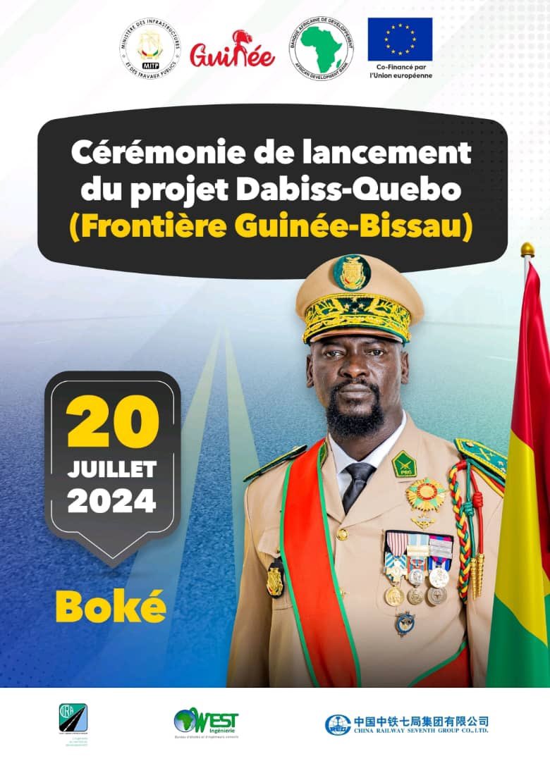 𝐌𝐈𝐓𝐏 : 𝐀𝐧𝐧𝐨𝐧𝐜𝐞 𝐄́𝐯𝐞̀𝐧𝐞𝐦𝐞𝐧𝐭

Le Gouvernement Guinéen, à travers le Ministère des Infrastructures et des Travaux Publics vous convie à la cérémonie de lancement des travaux de la route Dabiss-Quebo (Frontière Guinée-Bissau).