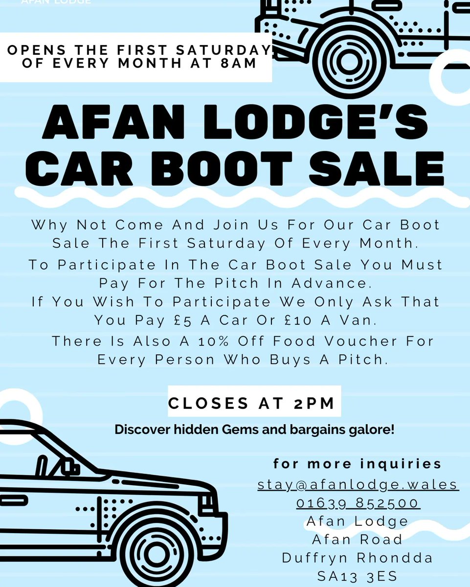 Exciting news Afan lodge is now hosting a car boot sale every first Saturday off the month. Contact us either through email or telephone if you would like a pitch.

#afanlodge #afanhotel #afanvalley #cymmer #maesteg #hotel #restaurant #bar #carboot #carbootsale