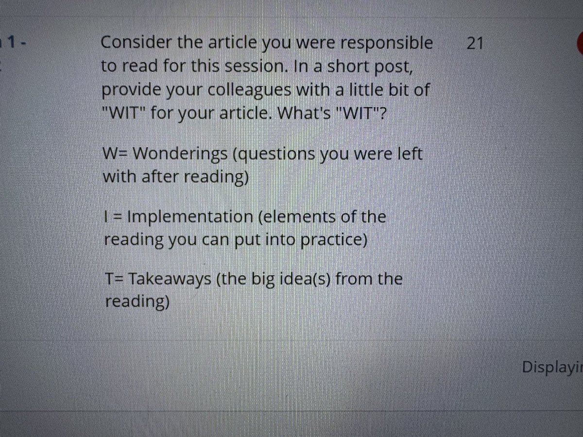 When reading high volumes of professional literature it’s advantageous to utilize a “WIT” approach, assigning designated pieces to individuals. This promotes a closer read of those texts &amp; invites others to look to those readers for a deeper understanding.#EDLR5402 #UCAPP
