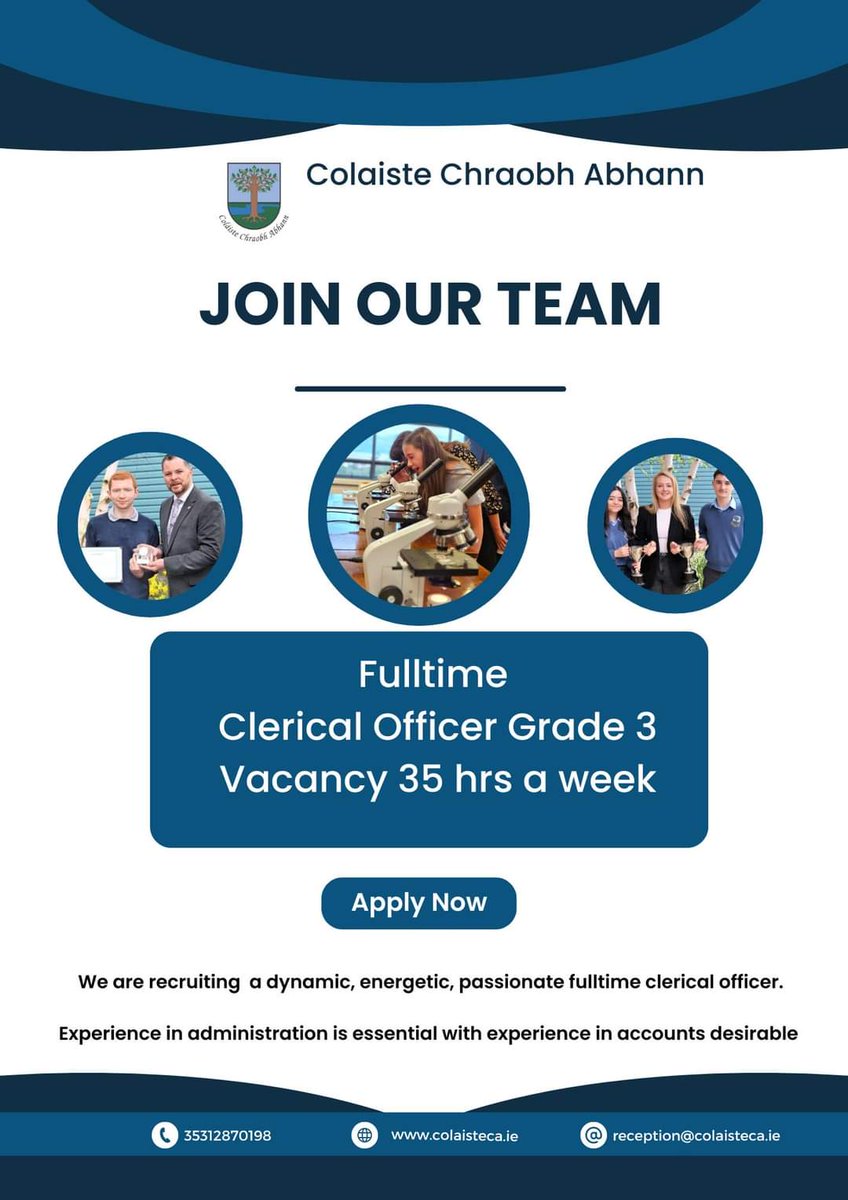 Fulltime Clerical Officer (Grade III) 35hpw Vacancy:  – Coláiste Chraobh 

Closing date Wednesday 31st July 12pm. Application online via the link below:
etbvacancies.thehirelab.com/LiveJobs/JobAp…