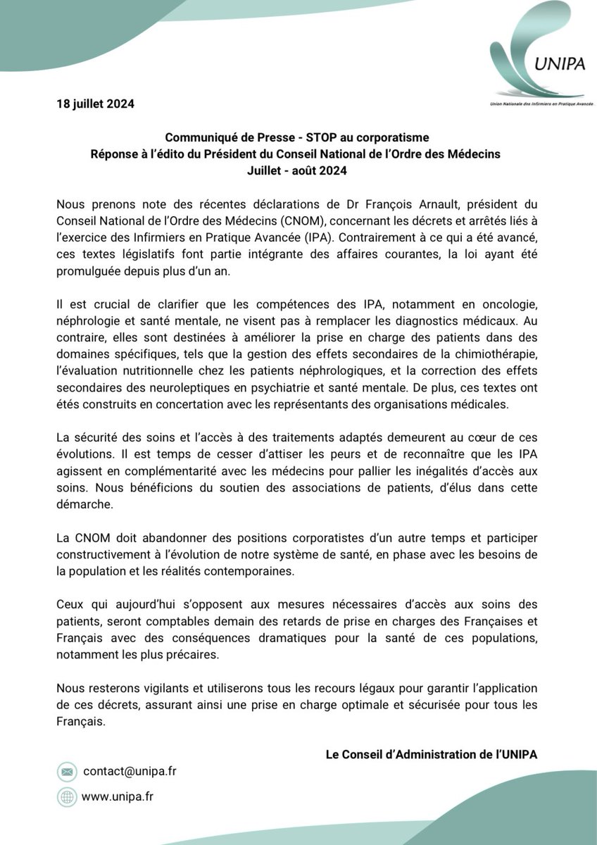 🚨Communiqué de presse du <a href="/Syndicat_UNIPA/">UNIPA</a> en réaction aux propos du Président du CNOM au sujet des textes IPA relatifs à la Loi Rist