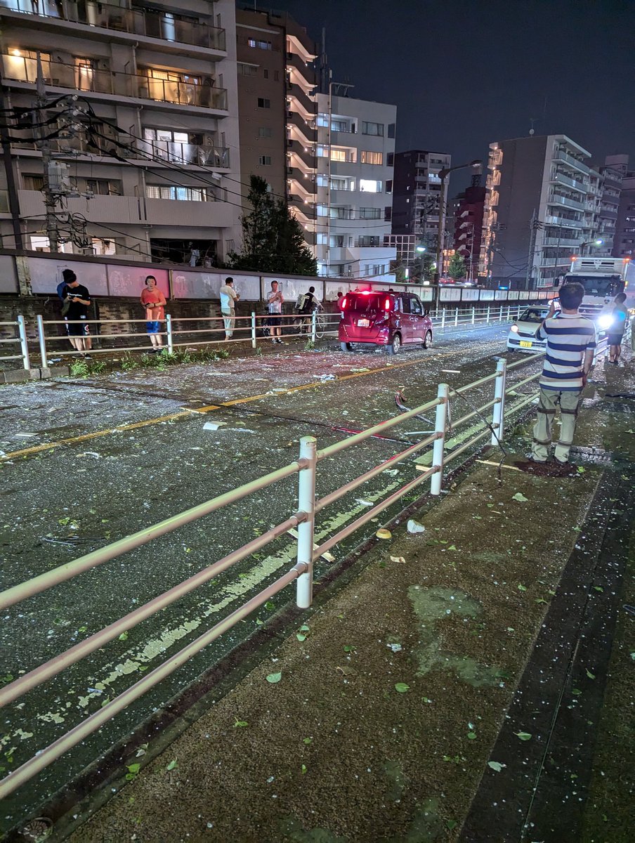 西川口駅南側の陸橋そば（東側）のマンション、少なくとも二部屋爆発してた…。サッシとかが陸橋まで飛んでる…。
