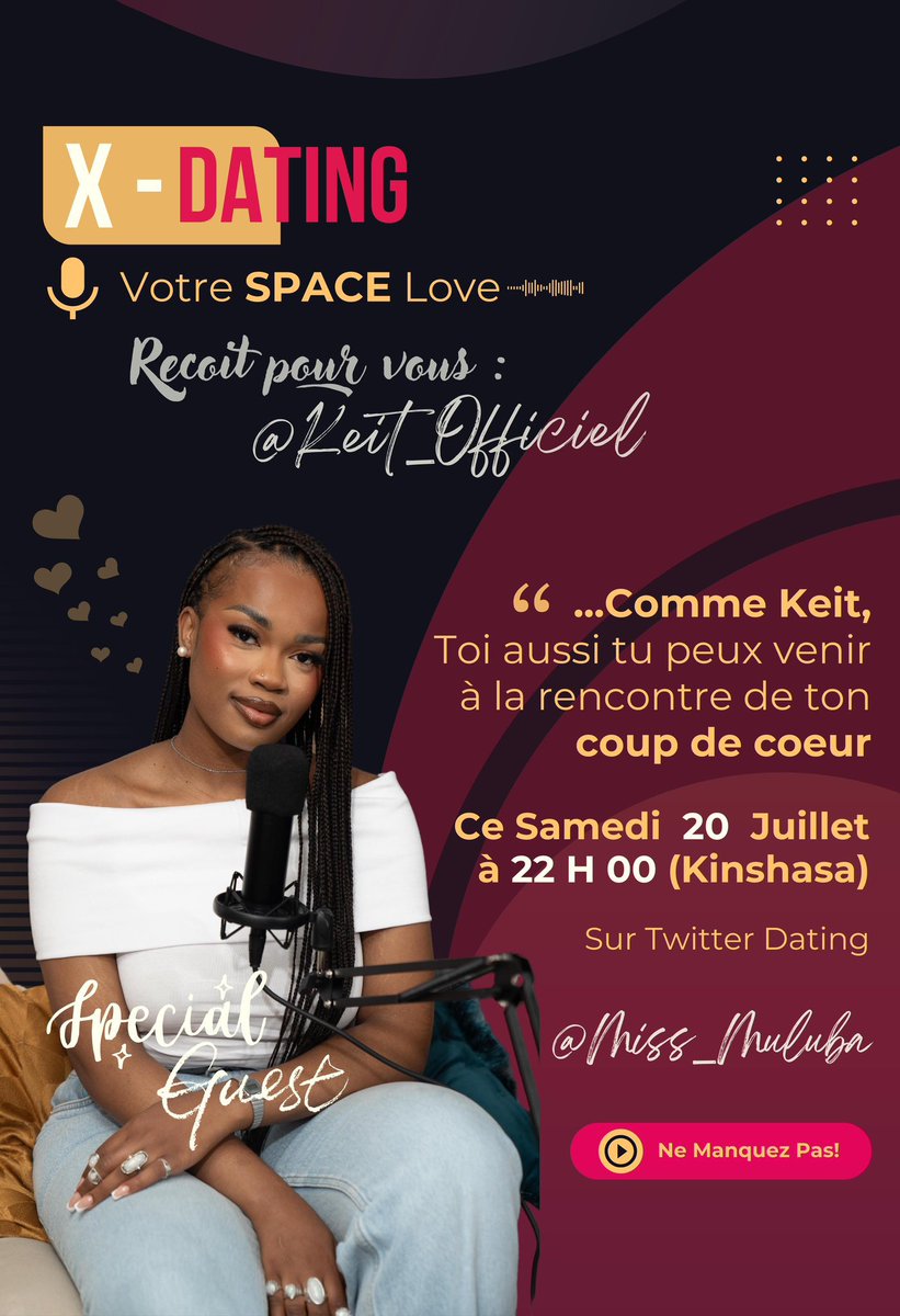 SPÉCIAL VACANCES sur #Twitterdating
Nous recevons ce samedi notre belle Keit à partir de 22h. 
L’artiste chanteuse, viendra également rencontrer son coup de cœur. 
Y a que toi qui veux demeurer célibataire ?
Rejoins-nous samedi pour des moments ambiancés en good vibes et love !
