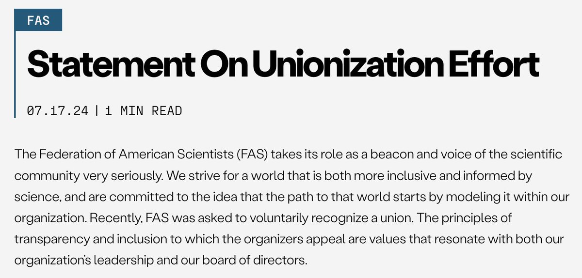 FASUnited1945's tweet photo. It took a week, but we finally heard from FAS leadership that, yes, they received our emails informing them we are forming a union. Yesterday, they published a statement saying they plan to use “the coming days to explore this decision” 🧵 https://t.co/cMvUhHsJfy