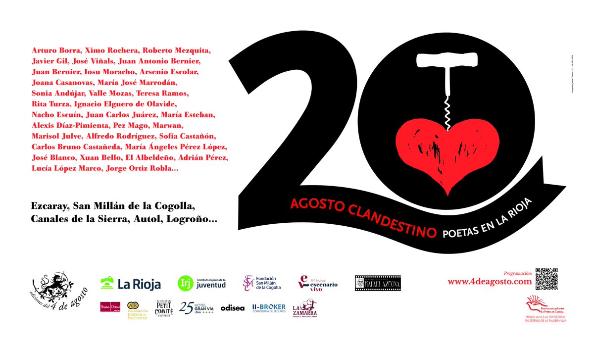 4deAgosto1's tweet photo. La XX edición de ‘Agosto Clandestino. Poetas en La Rioja’ se consolida como una referencia ineludible de la poesía en el verano español

Programa: https://t.co/uafmTF2FC4 https://t.co/QwQ411aU8n