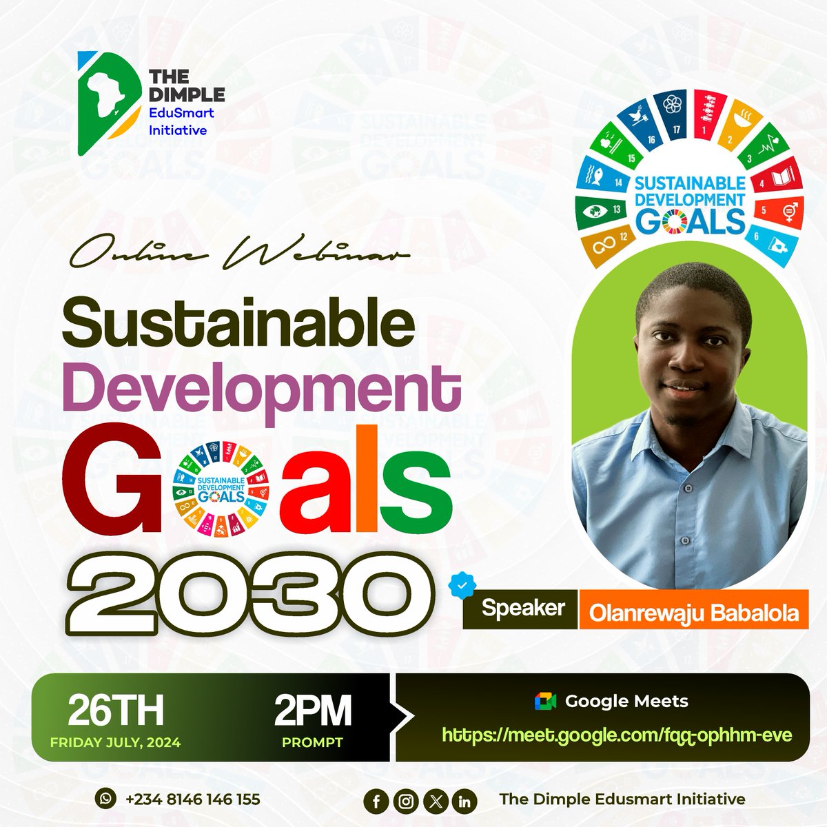The_dimpleI's tweet photo. Join us for an enlightening online webinar on Sustainable Development Goals organized by Dimple Edusmart Initiative.   

Let's explore how we can contribute to a better and more sustainable future for all.  

🗓 Date: 26th July 2024 
📷 Time: 2:00 PM 
📷https://t.co/87MXEq2ztC https://t.co/uCigFlvf8c