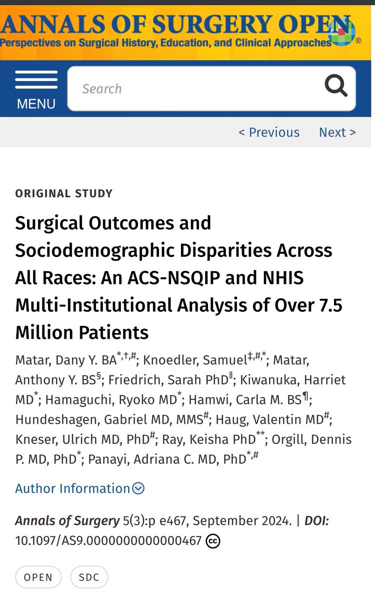 DanyYMatar's tweet photo. In the largest analysis of racial disparities across surgical care (~8 million patients), our new paper published in Annals of Surgery Open quantifies postop disparities and identifies possible contributors &amp; targets for improvement #disparities #racialbias #surgicaloutcomes https://t.co/sMRlWjXCRX
