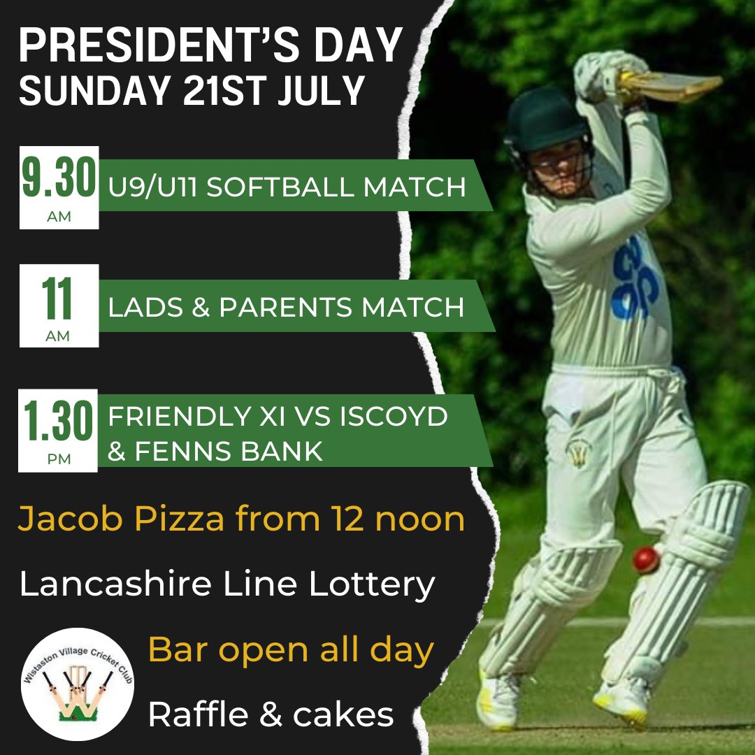 President’s Day will see a full day of cricket starting with younger juniors, followed by a parents &amp; lads match &amp; culminating in our annual cup match vs <a href="/Iscoydcricket/">Iscoyd & Fenns Bank CC</a> competing for the Derek Pritchard trophy🏆 Please come along, enjoy the refreshments &amp; support the day 🍕🍺🥂🏏