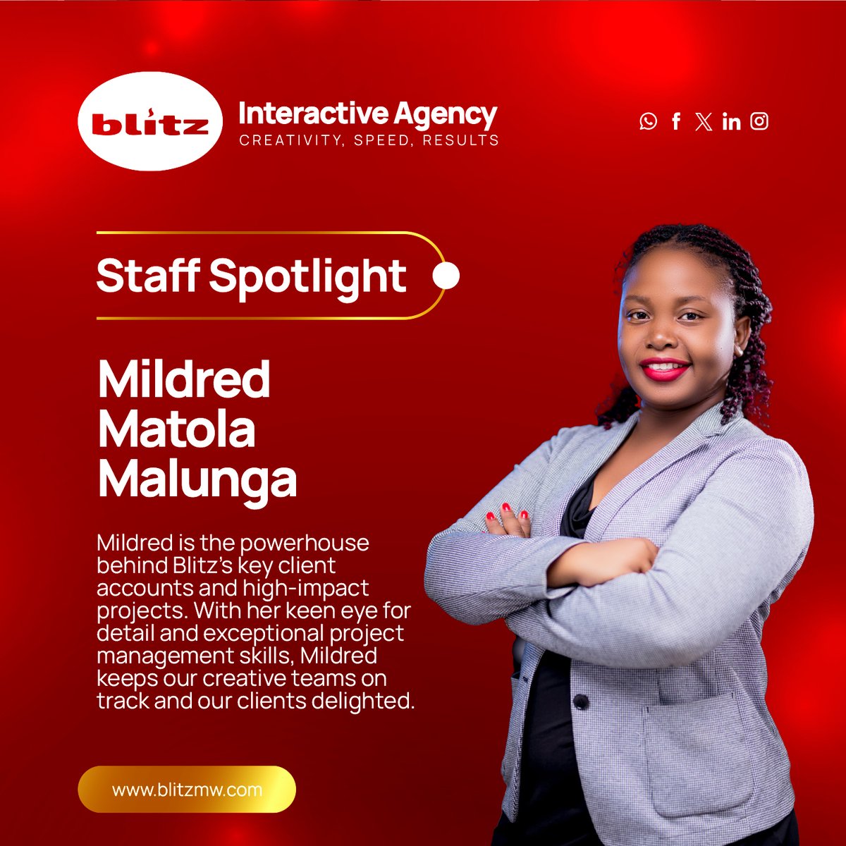 BlitzMw's tweet photo. 🌟Staff Spotlight 🌟
Mildred Matola Malunga is the powerhouse behind Blitz's key client accounts and high-impact projects. With her keen eye for detail and exceptional project management skills, Mildred keeps our creative teams on track and our clients delighted.
#KnowOurStaff https://t.co/kTjghqn9Zy