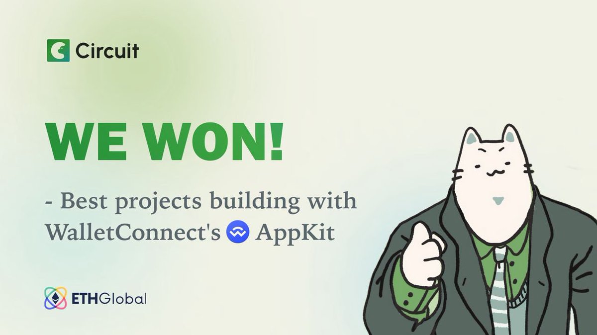 🏆🥇 Circuit team has won first place in WalletConnect Hackathon at ETHGlobal called Best projects building with WalletConnect's AppKit. <a href="/WalletConnect/">WalletConnect</a> 

Galxe: app.galxe.com/quest/CNad7Y3k…

48 hrs. 🐱
