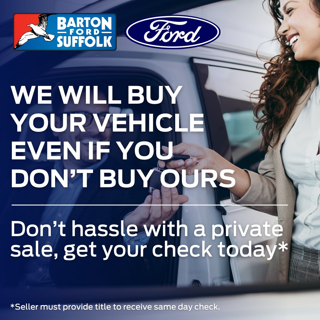 BartonFordVA's tweet image. Say goodbye to the hassle! At Barton Ford, we're ready to buy your vehicle, no strings attached. Skip the private sale stress and walk out with a check today*. 💸🚗 #BartonFord #SellYourCar #EasyTransaction
