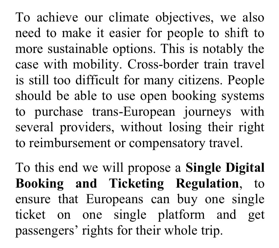 JakopDalunde's tweet photo. Äntligen! Efter alla år av intensivt påverkansarbete — von der Leyen lovar att förslå en ”a Single Digital
Booking and Ticketing Regulation”.

Det skulle göra det så oerhört mycket enklare att boka tågresor i Europa. Saknar ord för hur glad jag blir över detta! https://t.co/Y5WFVl2EOD