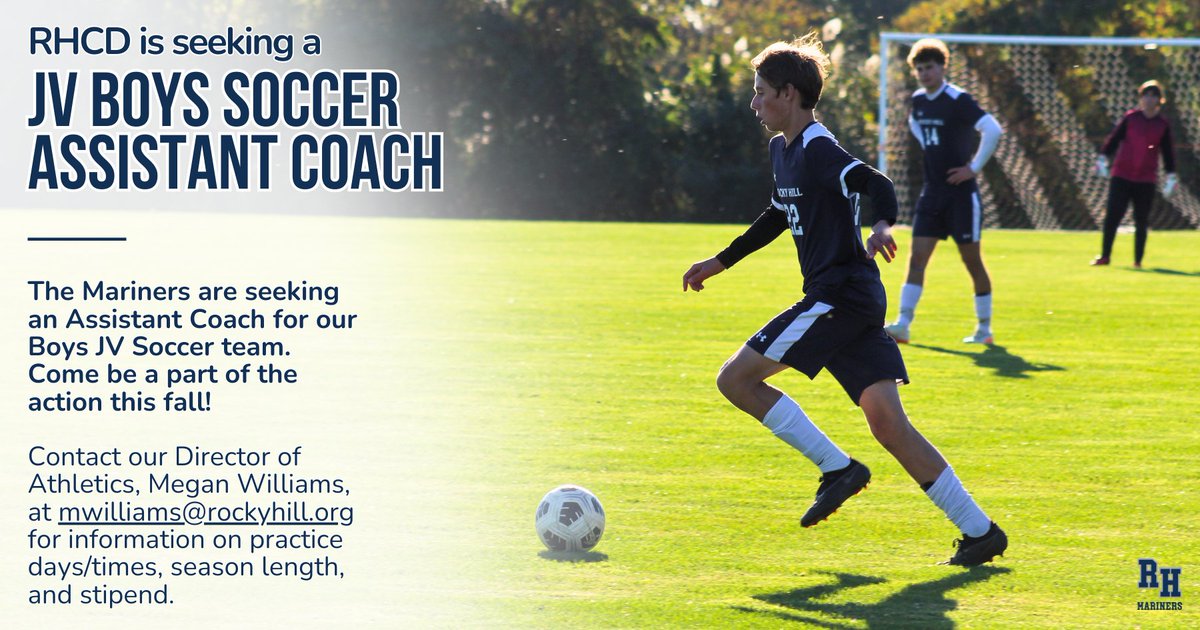 We are looking for an Assistant Coach for our Boys JV Soccer team! Join us on our beautiful soccer fields this fall and be a part of all the action! To learn more, contact our Director of Athletics, Megan Williams, at mwilliams@rockyhill.org ⚽