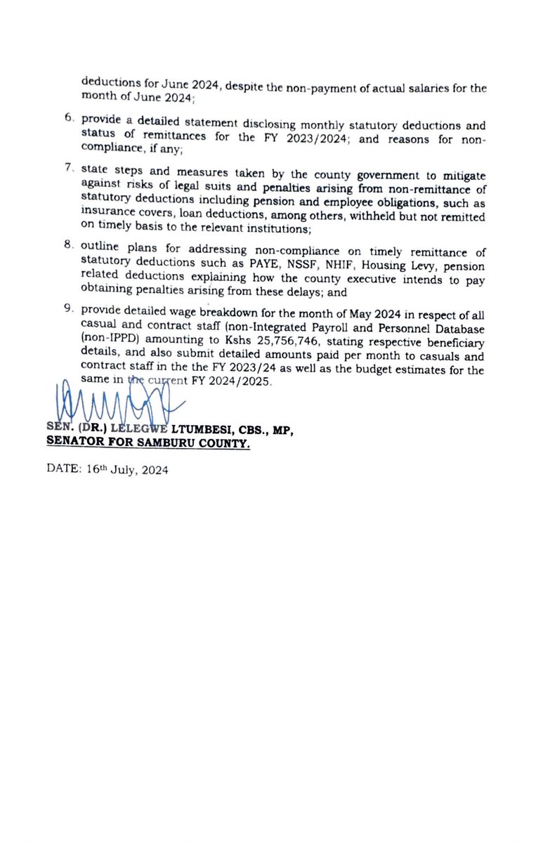 The great people of Samburu County deserve unequivocal answers and responses regarding the unfortunate mishandling of county finances including undue delays in payment of salaries for hardworking members of staff. In particular, employees’ salaries for the month of June 2024