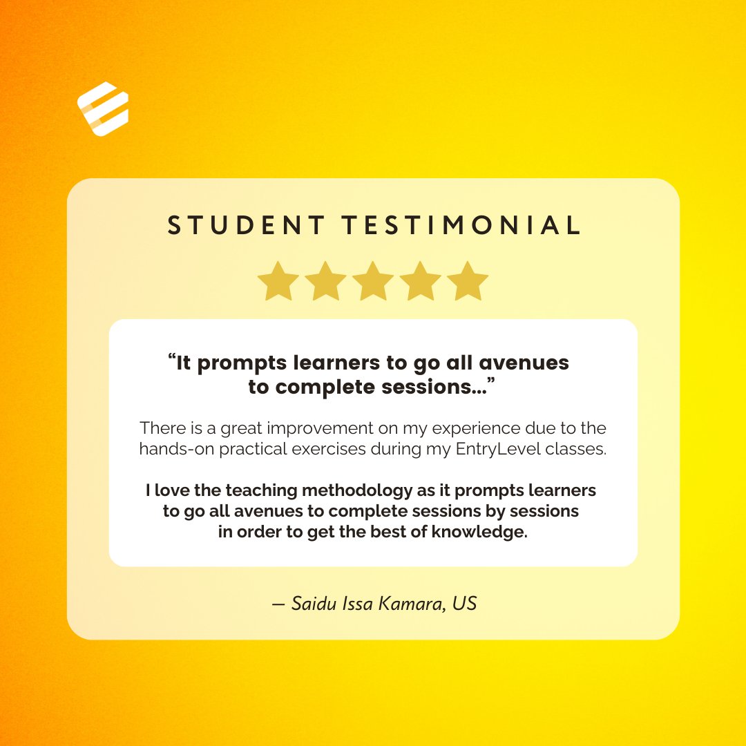 EntryLevelNet's tweet image. Saidu experienced a major improvement in his knowledge thanks to the hands-on, practical exercises in our EntryLevel courses.
Our teaching methodology ensures you get the best learning experience. 🎓
Be part of our community today!
👉 entrylevel.net